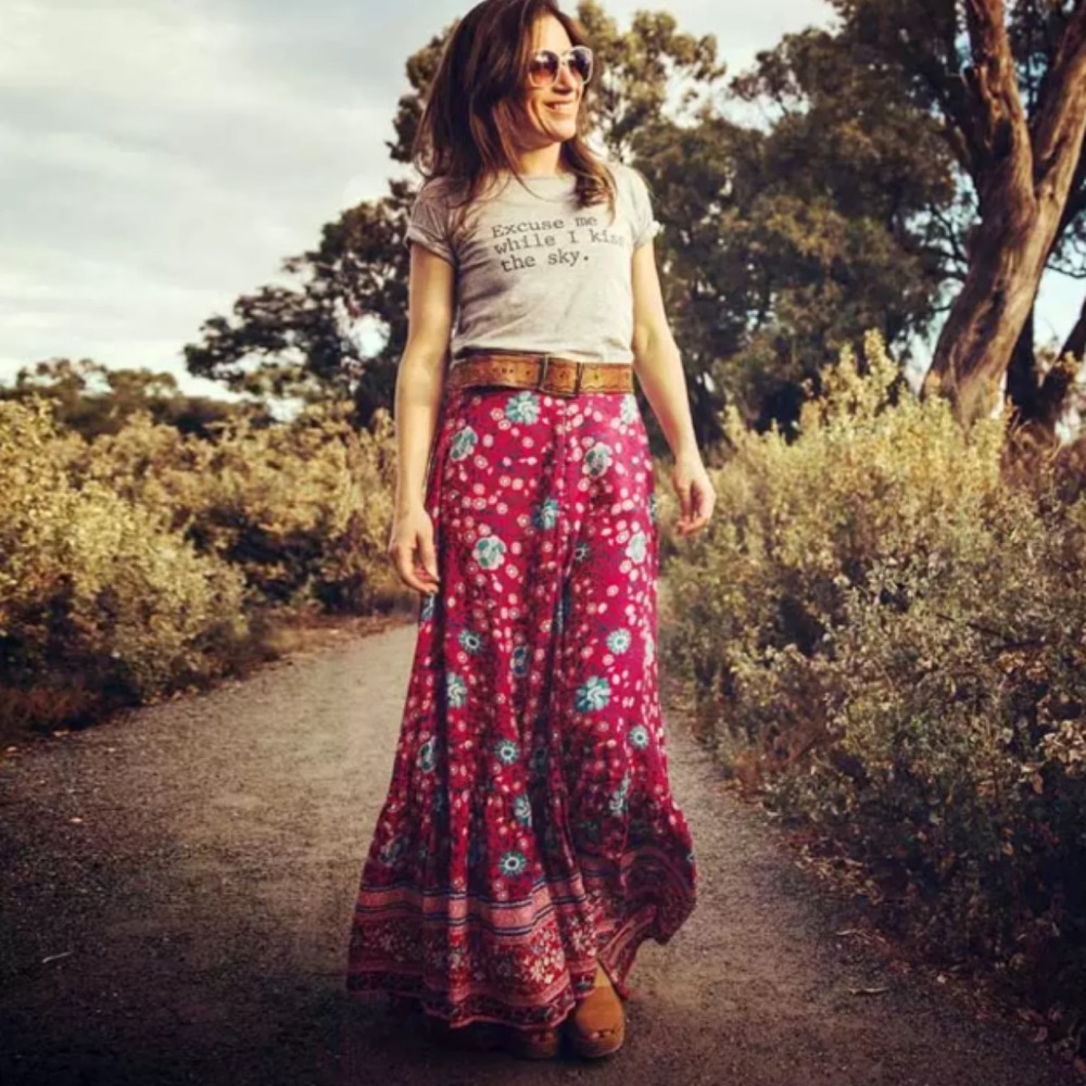 Red Floral Gypsy Bohemian Button Up Long Skirt - Picture 9 of 14